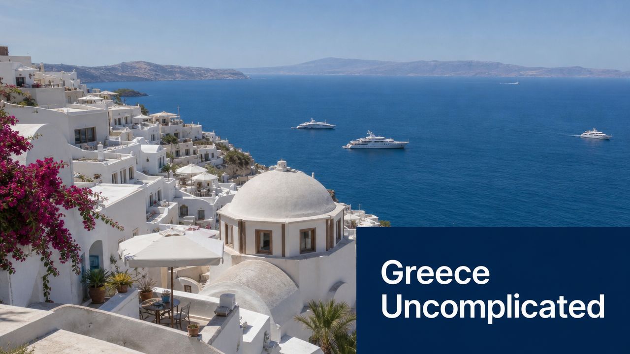 A picturesque view of white Greek architecture, a church dome, and luxury yachts on the blue sea.