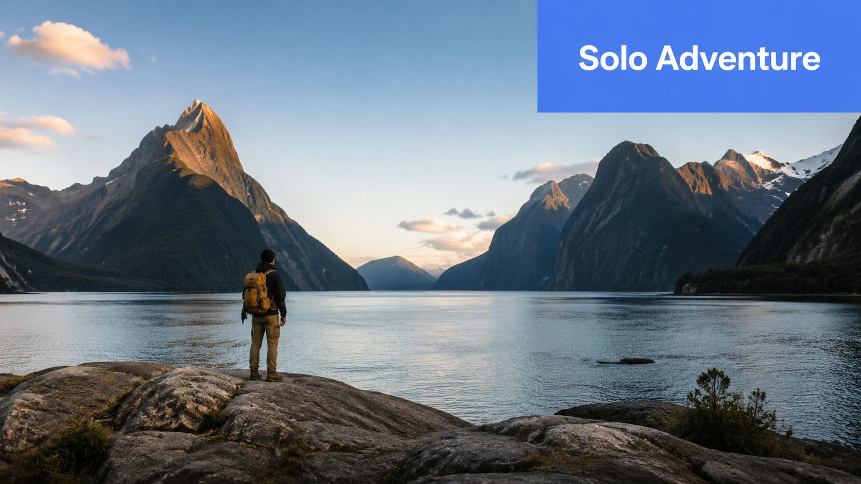 A solo traveler with a backpack standing on a rocky shore overlooking Milford Sound, New Zealand.