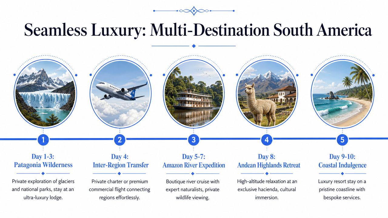 An infographic showing a ten-day luxury multi-destination travel itinerary across various landscapes in South America.
