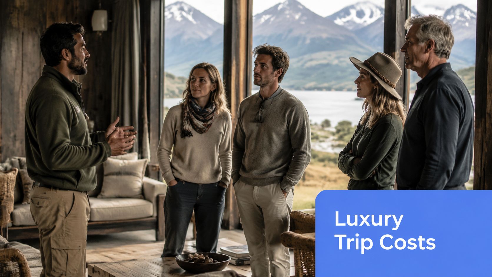 A travel guide talks to a group of guests inside a luxury lodge overlooking mountain scenery.