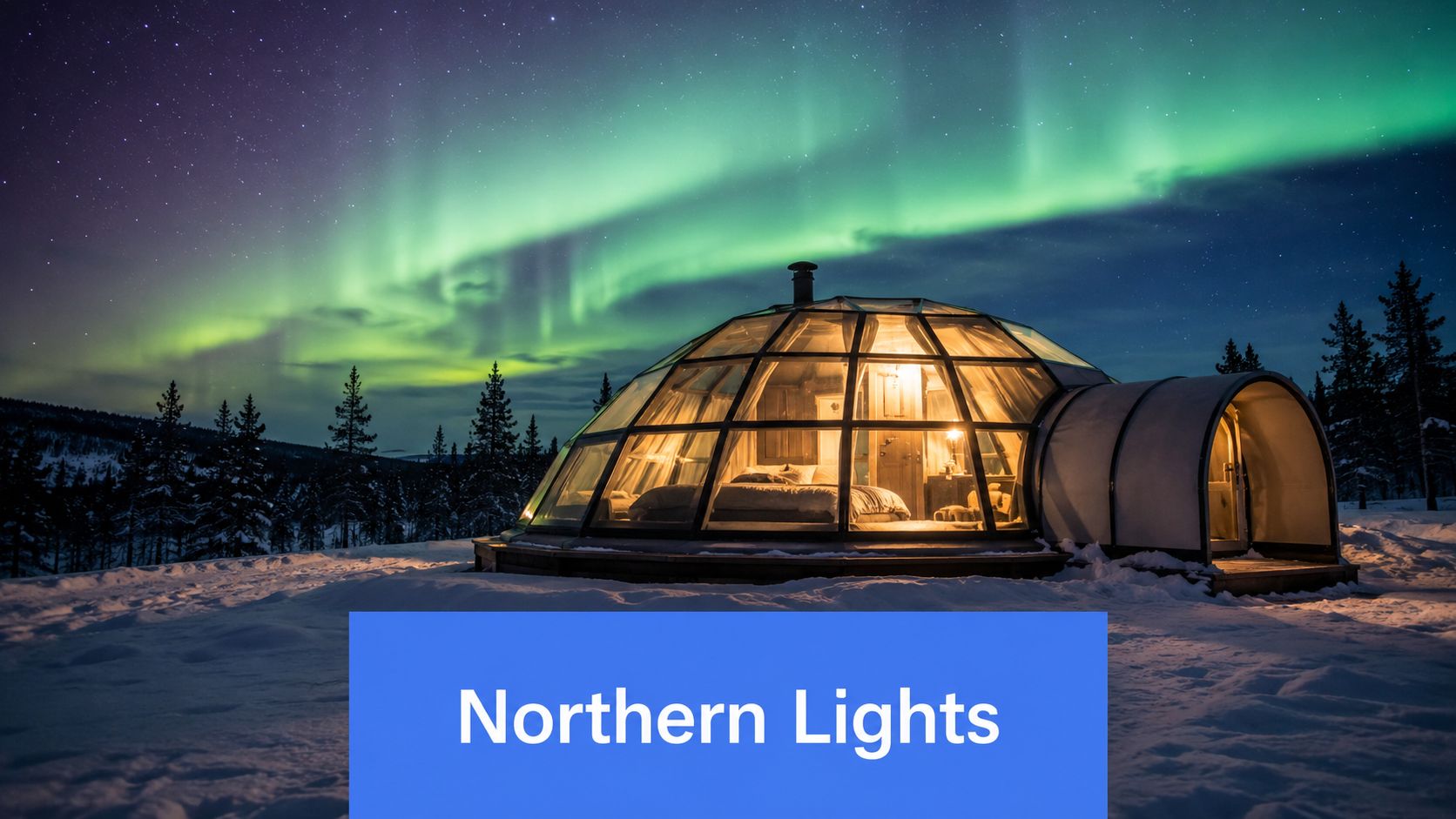 A glass igloo set in a snowy landscape under a vibrant display of the green Northern Lights.