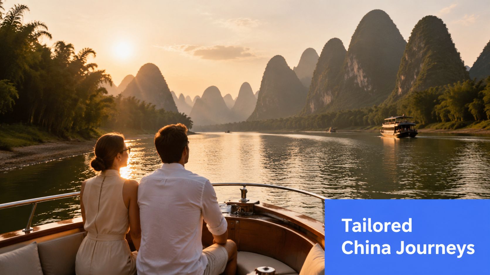 A couple cruises down a calm river surrounded by dramatic karst mountains during a beautiful golden sunset.