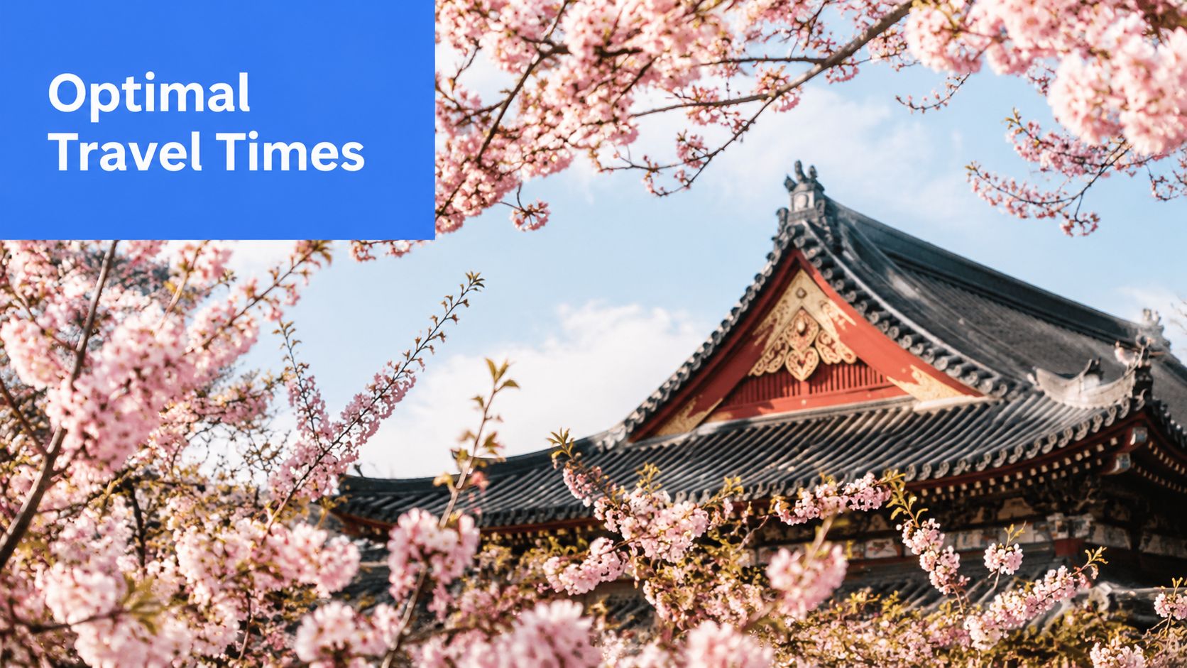 A beautiful traditional Chinese-style temple roof framed by soft pink cherry blossoms against a clear sky.