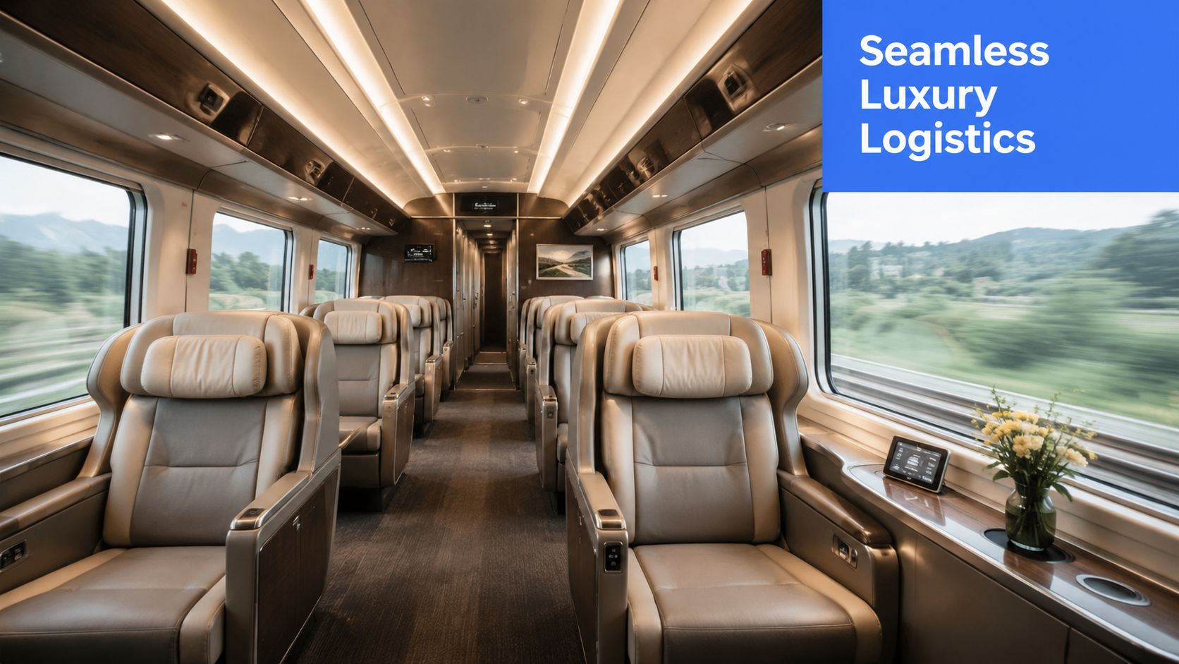 A luxurious and modern train cabin with comfortable beige leather seats and views of the countryside.