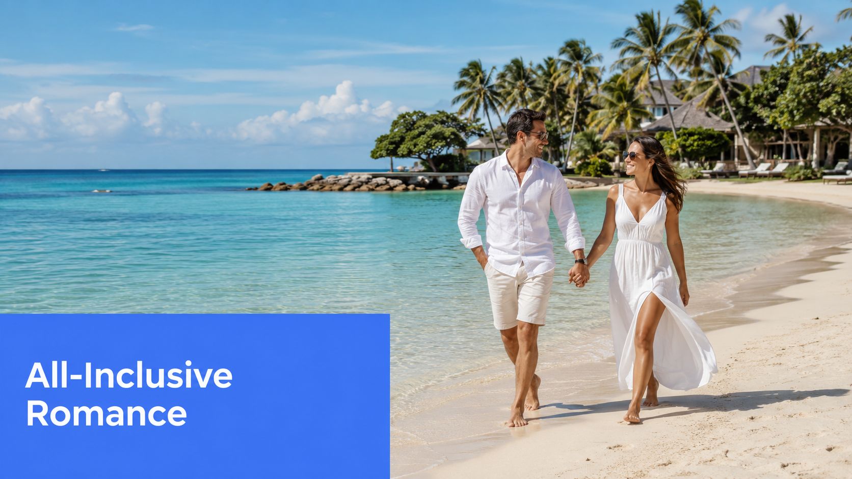 A couple holding hands while walking along a beautiful tropical sandy beach during their vacation.