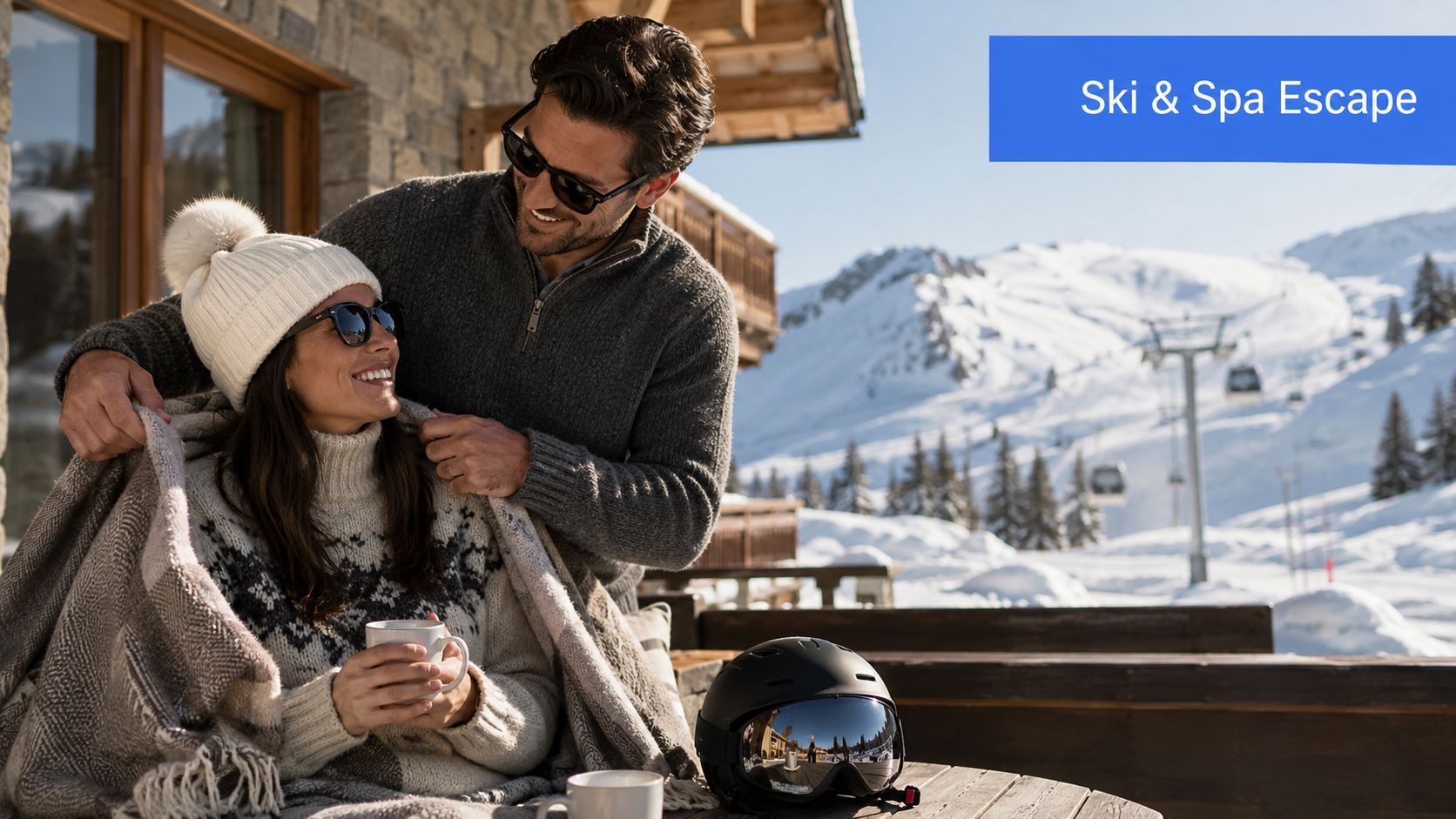 A couple enjoying a romantic moment with hot drinks on a balcony at a snowy mountain ski resort.