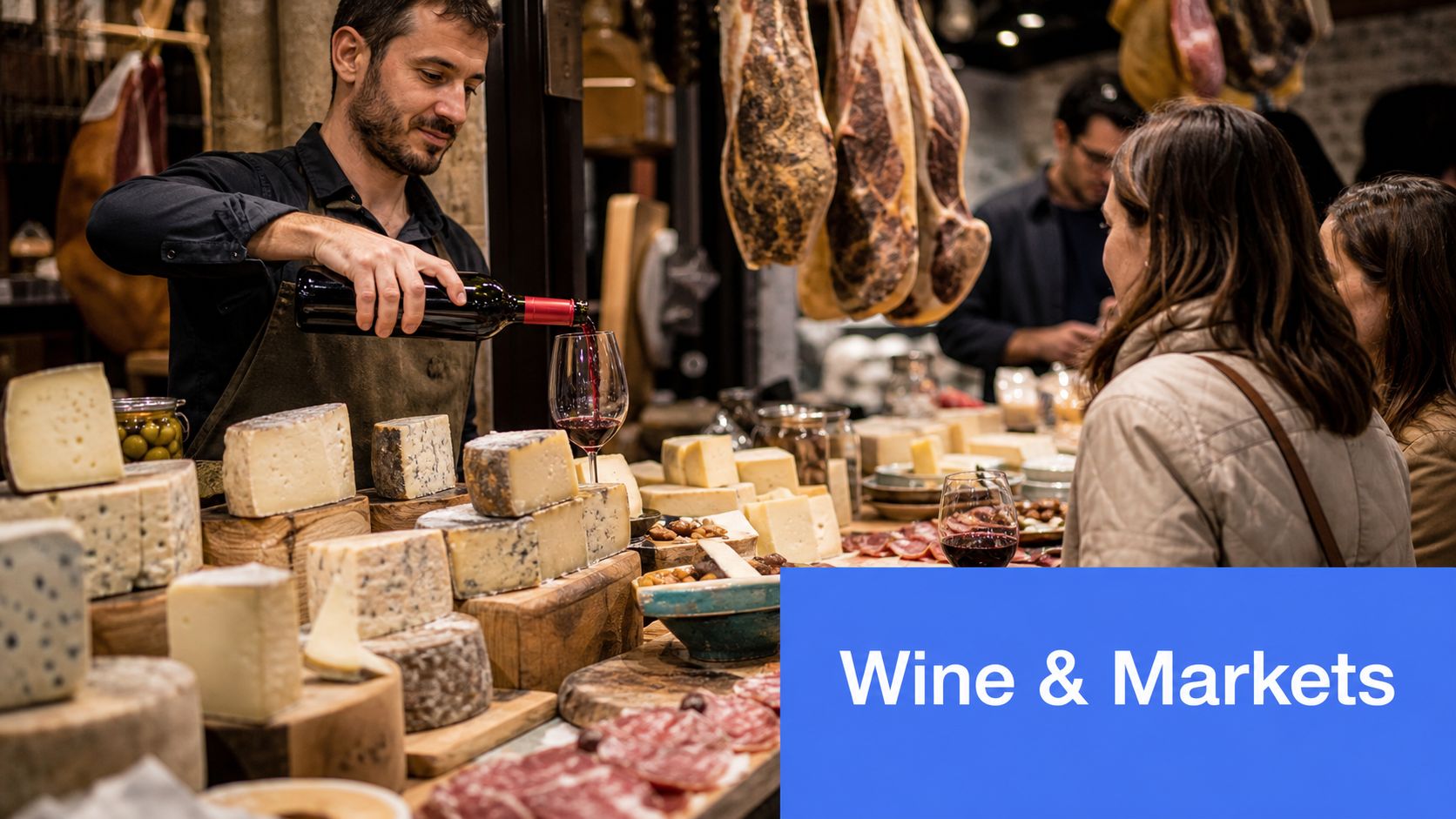 A smiling clerk pours red wine for customers at a traditional market display filled with cheese