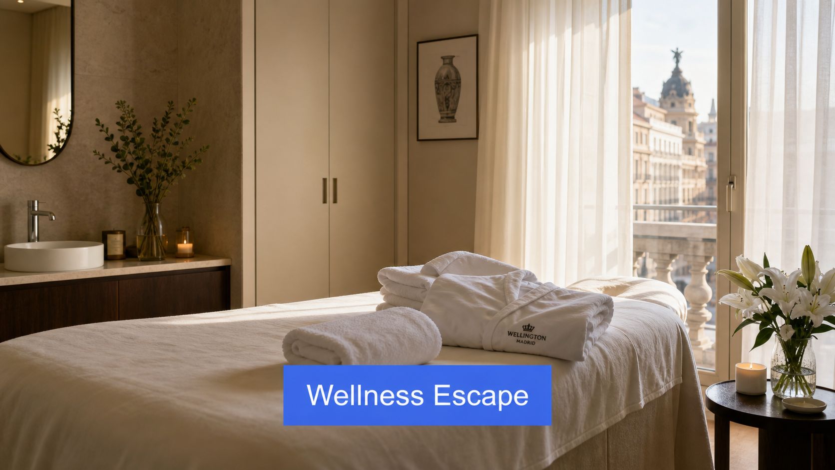 A luxurious spa room with a massage table, white robes, and a view of Madrid.