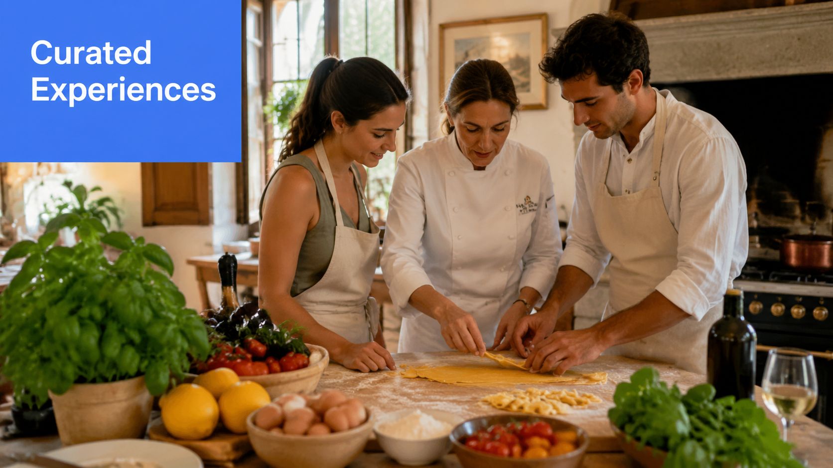 A professional chef teaches a young couple how to make fresh pasta during a cooking class.