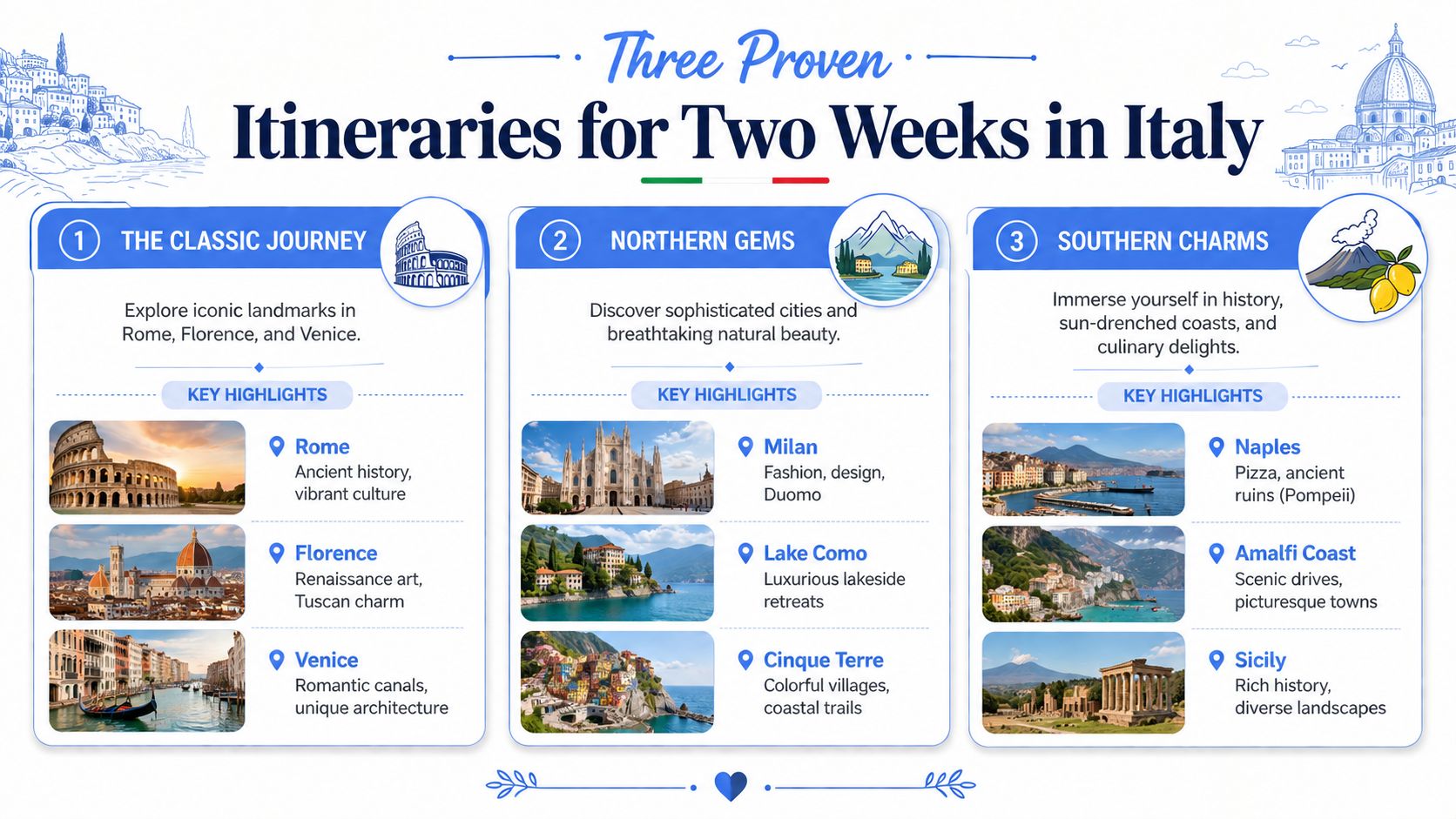 An infographic detailing three two-week itinerary options for travelers visiting Italy's most popular regions and cities.
