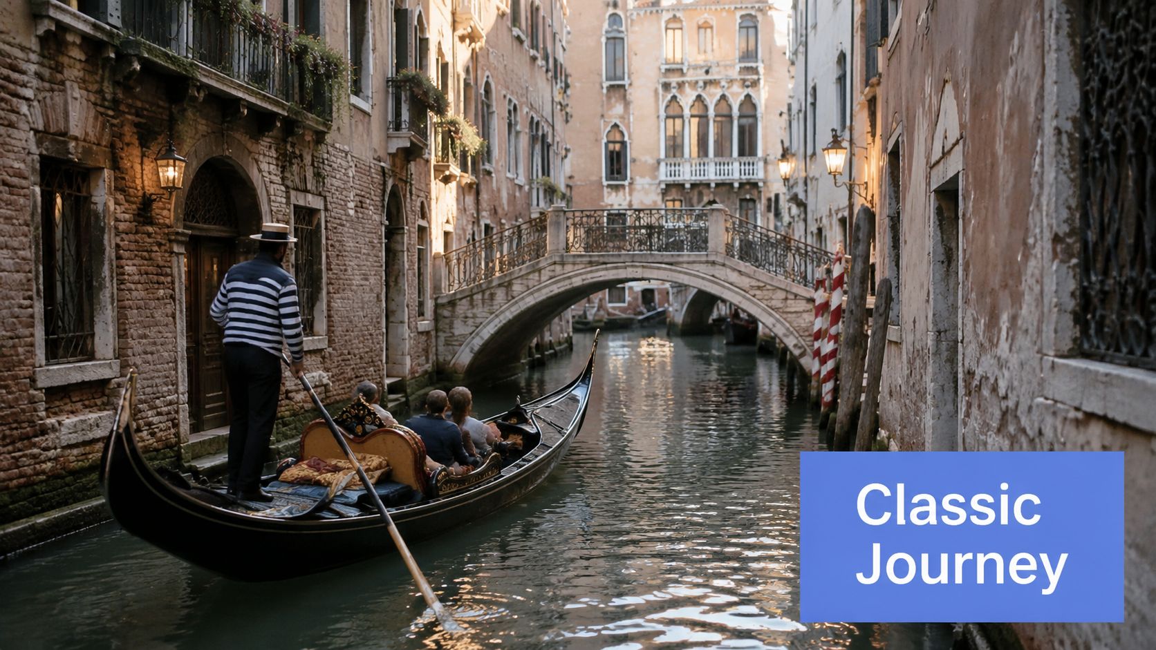 A gondolier steering a boat with passengers through a scenic and narrow canal in Venice, Italy.