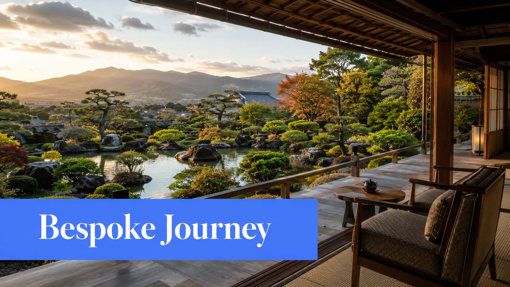 A serene Japanese wooden terrace overlooking a lush traditional garden with a pond and distant mountains.