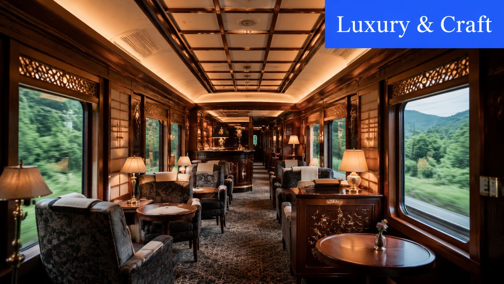The luxurious interior of a seven star train in Japan featuring elegant armchairs and scenic countryside views.