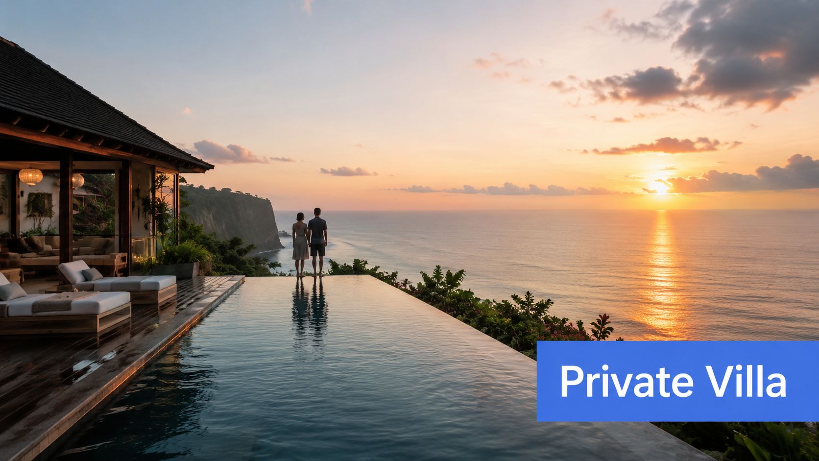 A couple standing at the edge of an infinity pool overlooking the ocean during a golden sunset