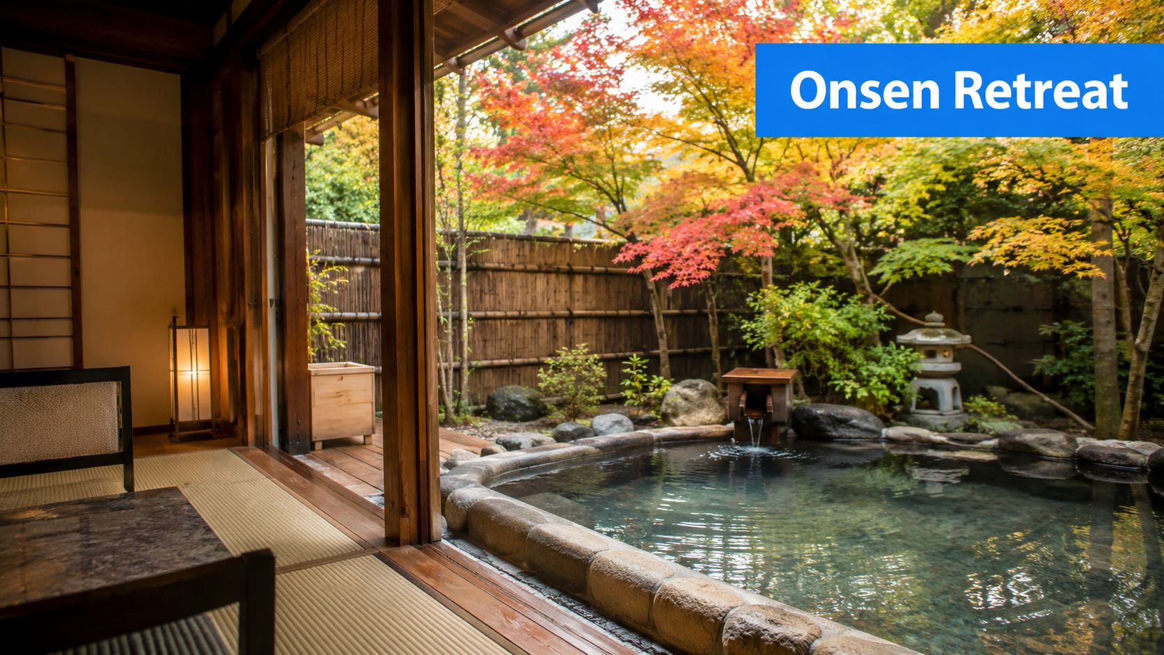 A serene Japanese ryokan room with tatami mats overlooking a private outdoor onsen bath surrounded by autumn trees.