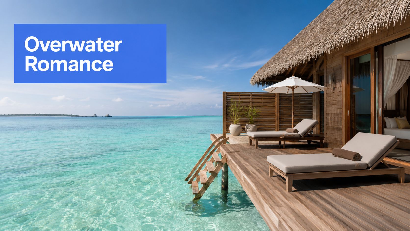 A luxurious overwater bungalow with wooden deck and sun loungers overlooking the crystal clear turquoise Maldivian ocean.