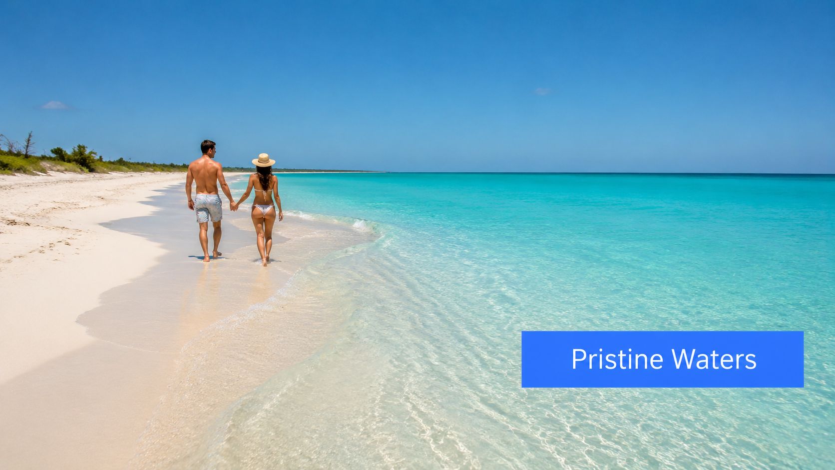 A young couple walks hand-in-hand along a beautiful white sand beach with clear turquoise ocean waters.