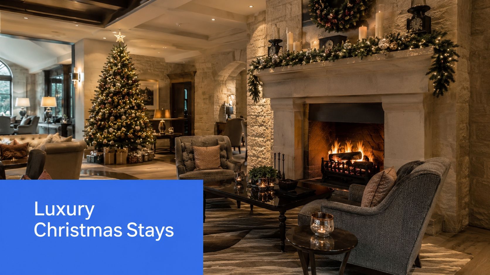 A cozy, luxurious hotel lobby decorated for Christmas with a large tree and a warm fireplace.
