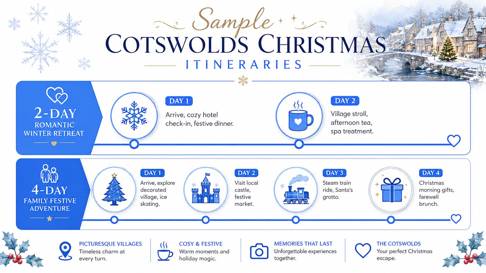 A travel itinerary graphic outlining a 2-day romantic winter retreat and a 4-day family festive adventure.