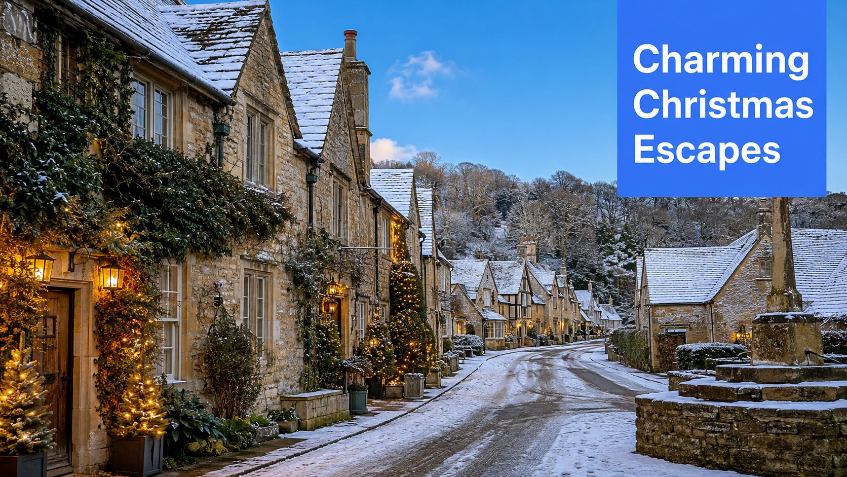 A picturesque, snow-covered village street in the Cotswolds decorated with warm, glowing Christmas lights at twilight.