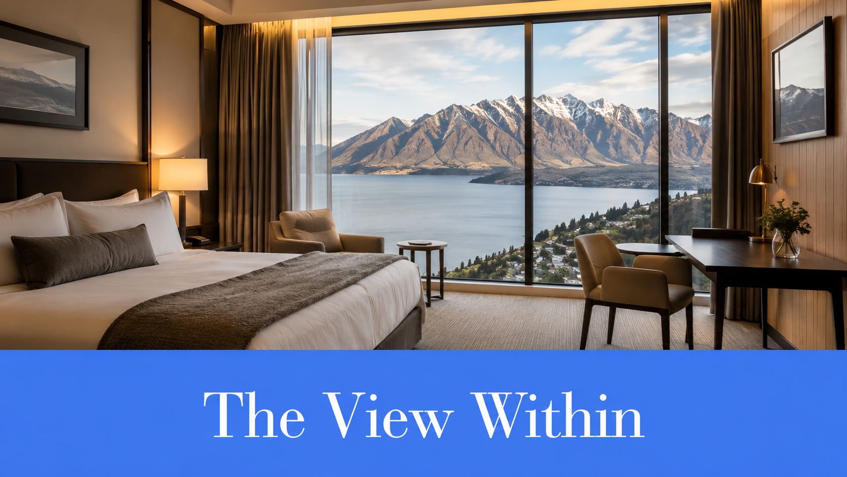 A luxurious Eichardt's Private Hotel room in Queenstown featuring a panoramic view of lake and mountains.