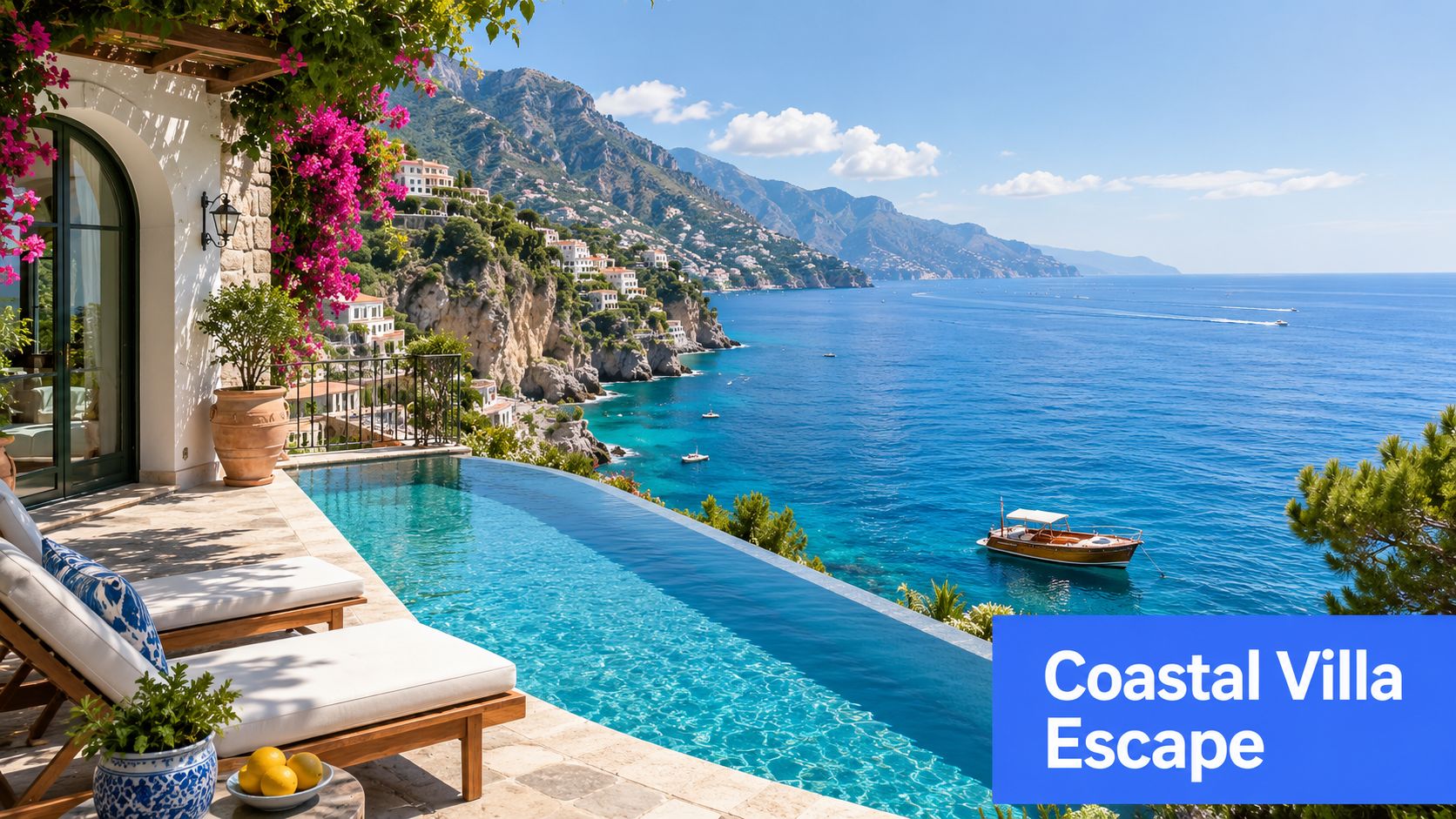 A luxurious infinity pool overlooking a stunning coastal town on the Mediterranean sea with boats.