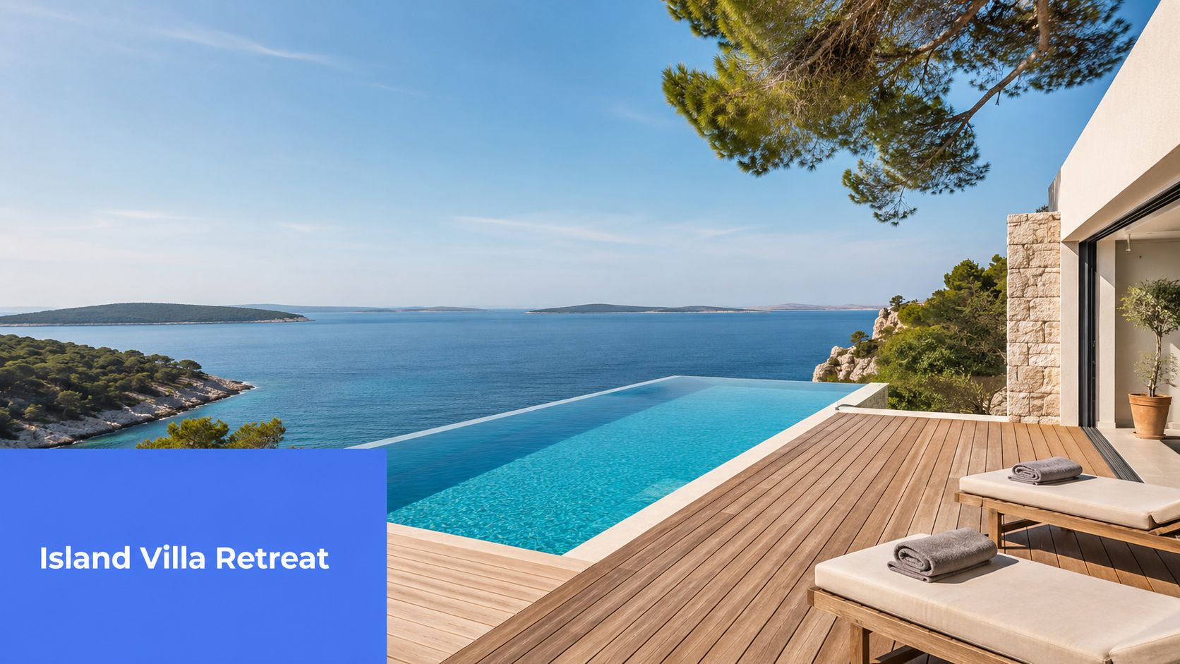 A luxurious infinity pool overlooking the calm blue Mediterranean sea from a private island villa terrace.