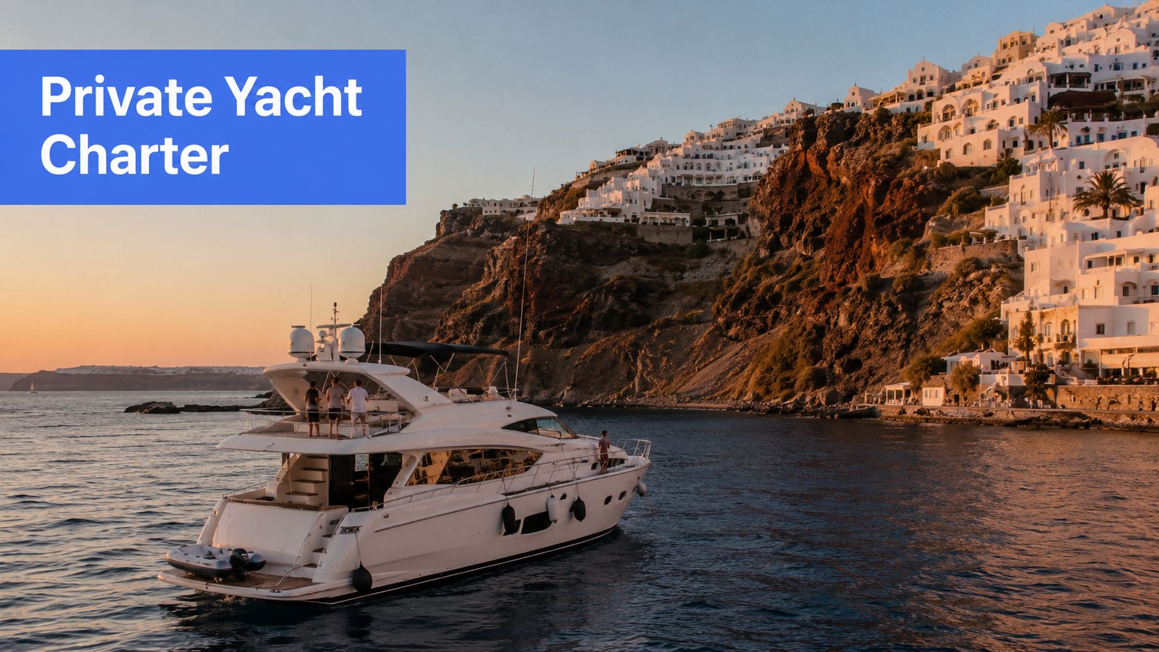 A luxury white private yacht cruises near the dramatic volcanic cliffs of Santorini, Greece at sunset.
