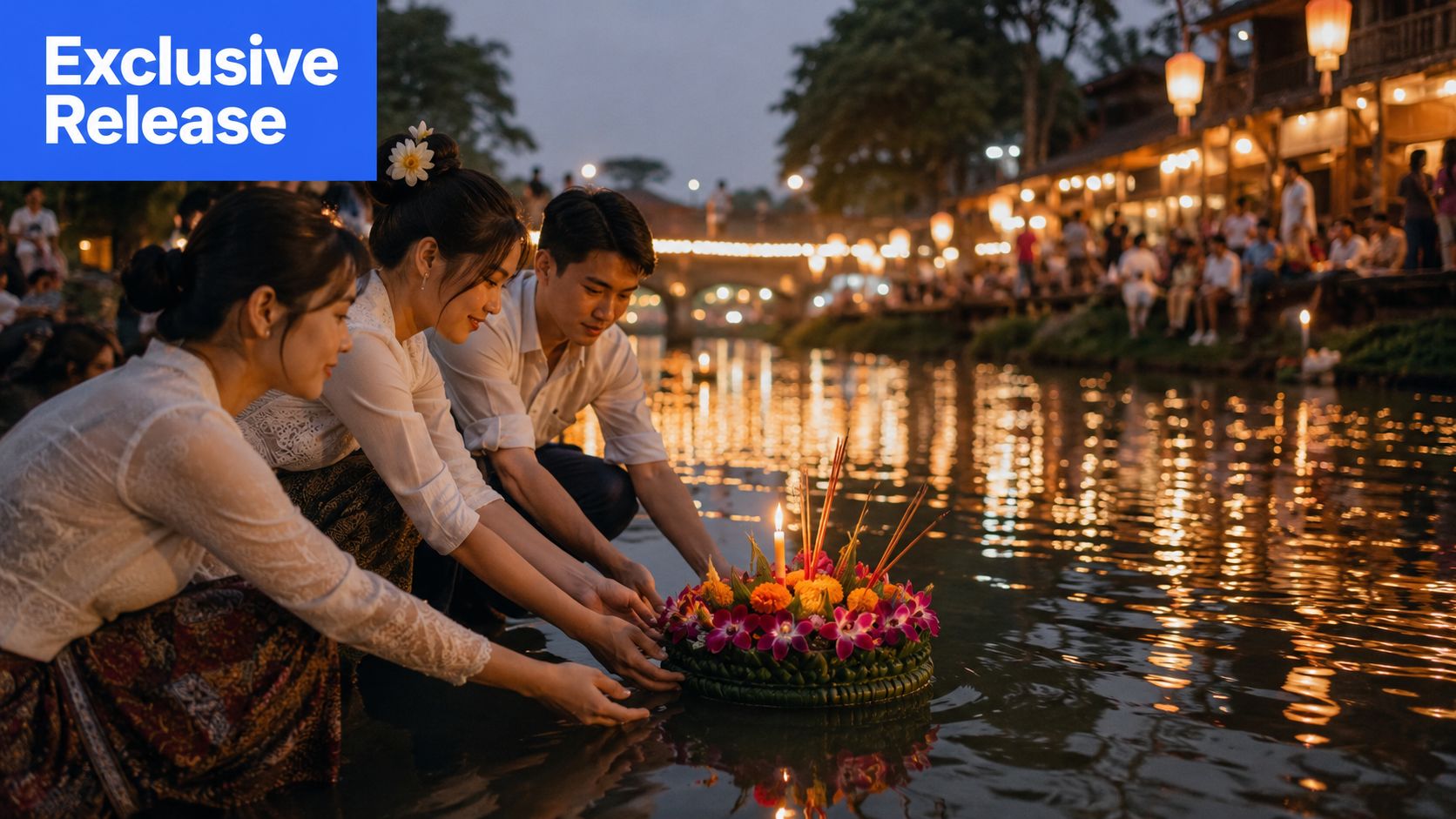 Three people gently placing a decorated floral krathong with candles into the water during a Thai festival.