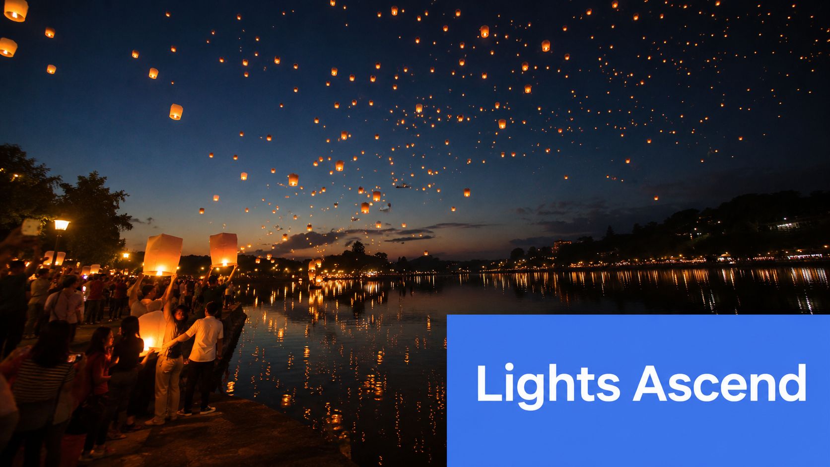 A crowd of people releasing glowing paper lanterns into the night sky over a reflective lake surface.