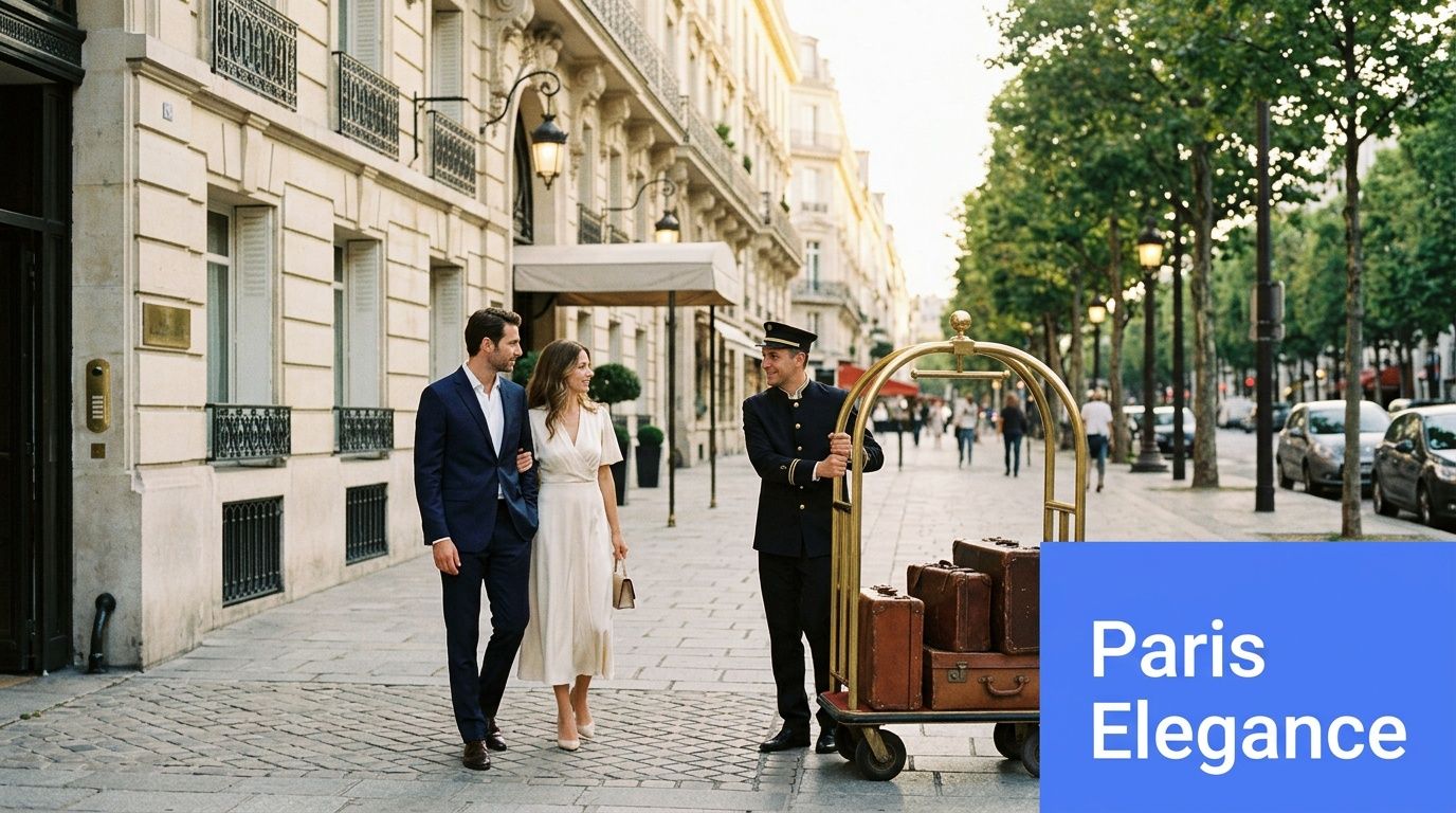 A elegant couple walking with a hotel porter pushing a luggage cart on a Parisian street.
