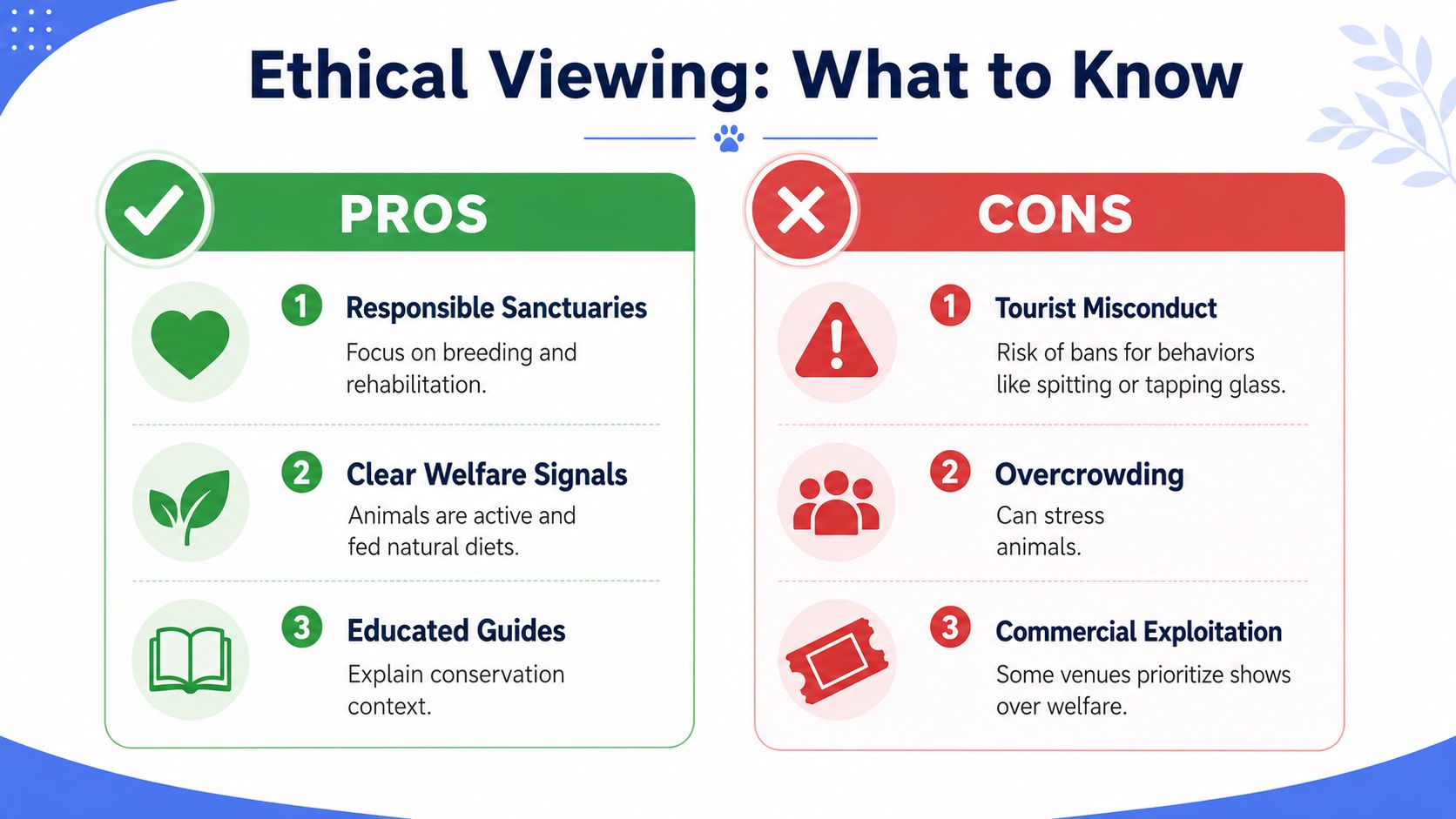 An infographic titled Ethical Viewing showing pros and cons of interacting with wildlife at sanctuaries.