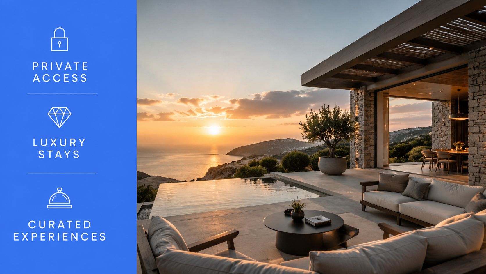 A luxurious outdoor villa patio overlooking a serene ocean sunset with an infinity pool and seating.