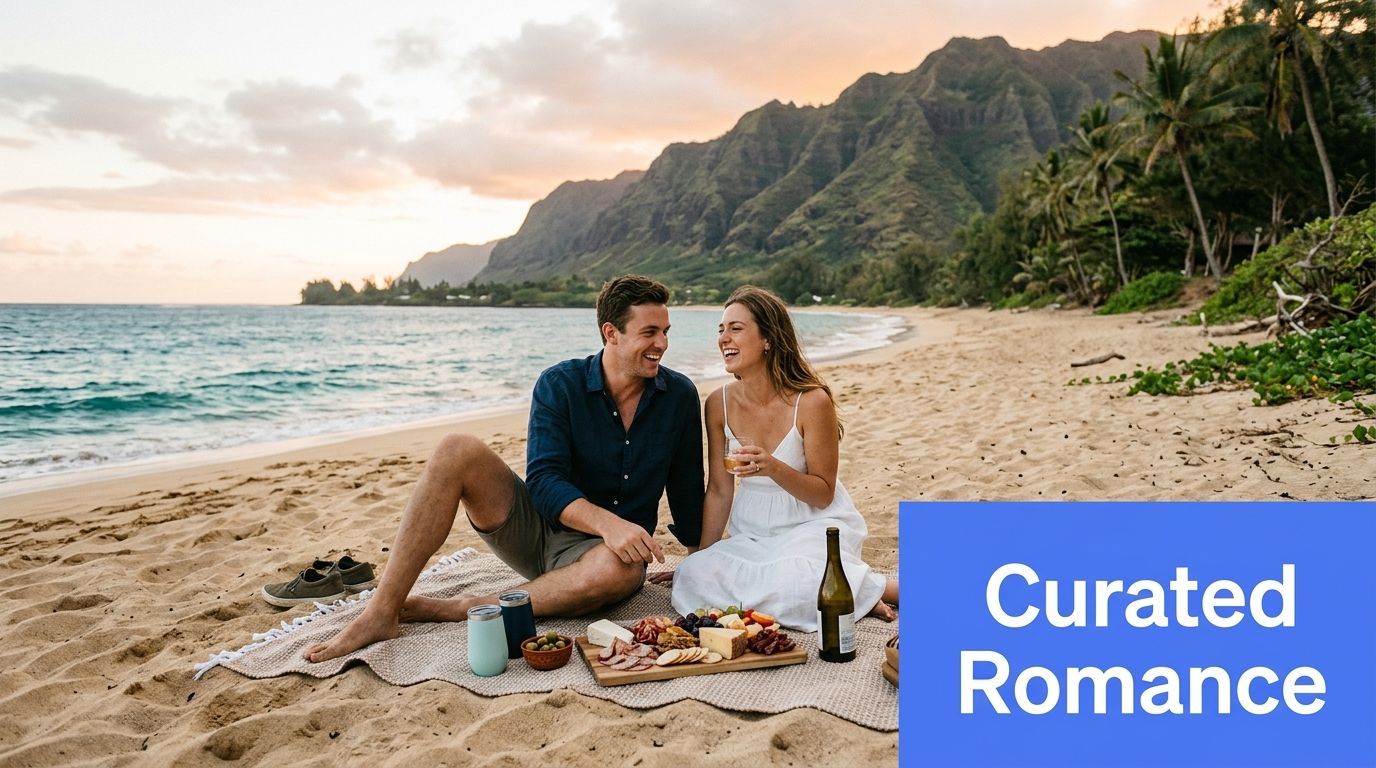 A happy couple enjoying a romantic picnic with wine and charcuterie on a sandy Kauai beach.