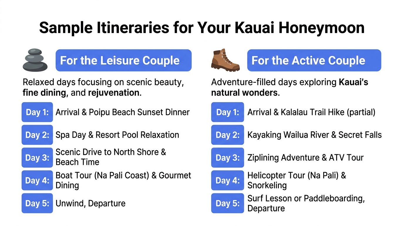 A travel itinerary comparison infographic for couples planning a relaxing or active honeymoon in Kauai, Hawaii.