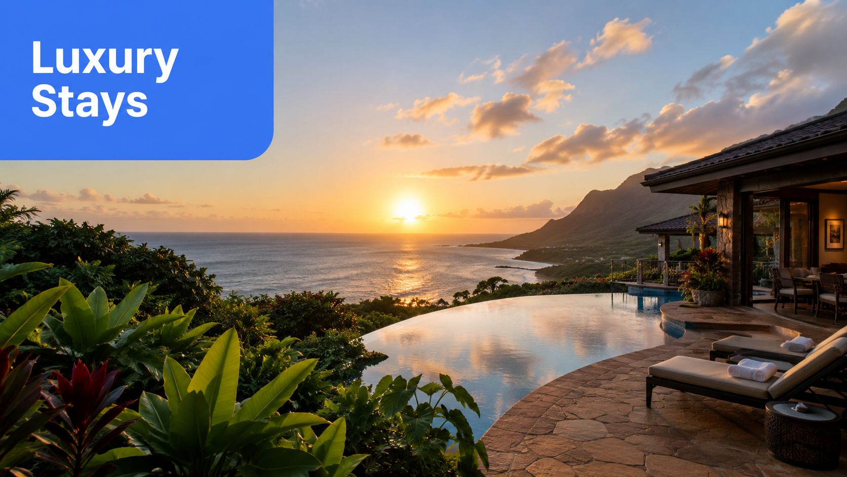 A luxurious infinity pool overlooking a tropical coastline during a beautiful golden sunset in Kauai.