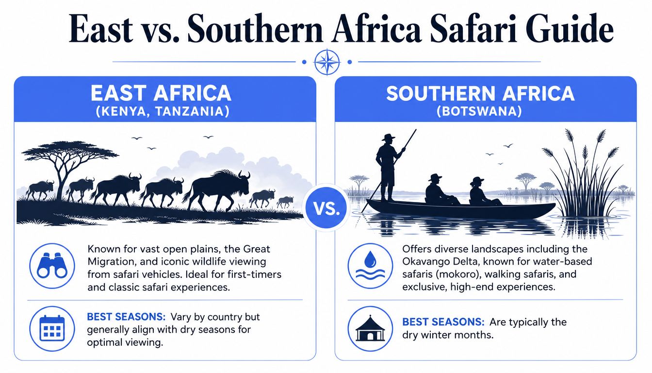 A comparative guide highlighting the key features of safaris in East Africa versus Southern Africa destinations.