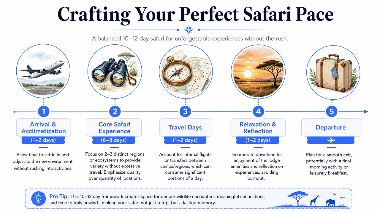 An infographic detailing a five-step plan for a balanced 10 to 12 day African safari trip.