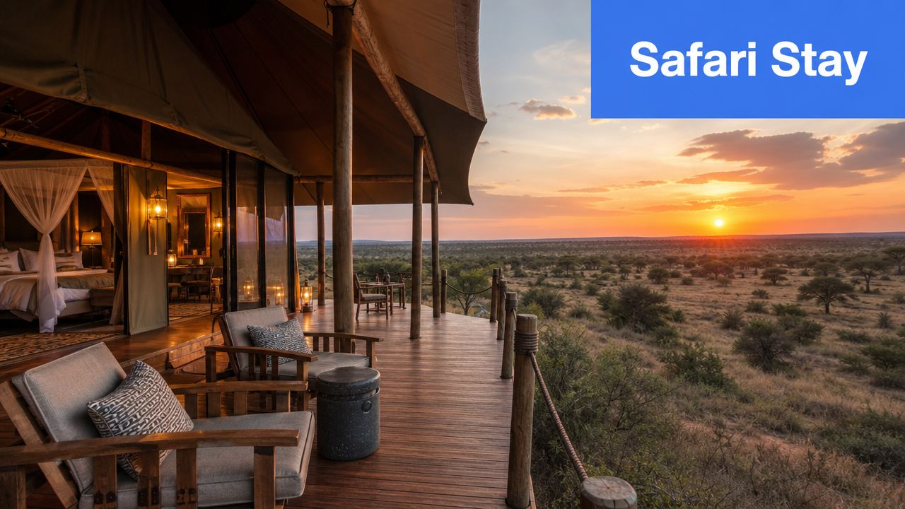 A luxurious safari tent terrace overlooking an expansive African savanna at sunset with comfortable wooden chairs.