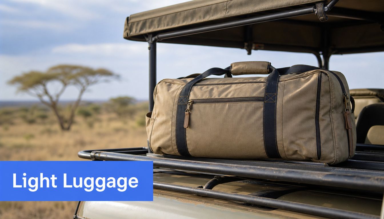 A tan canvas duffel bag packed for a safari trip rests on the roof rack of a vehicle.
