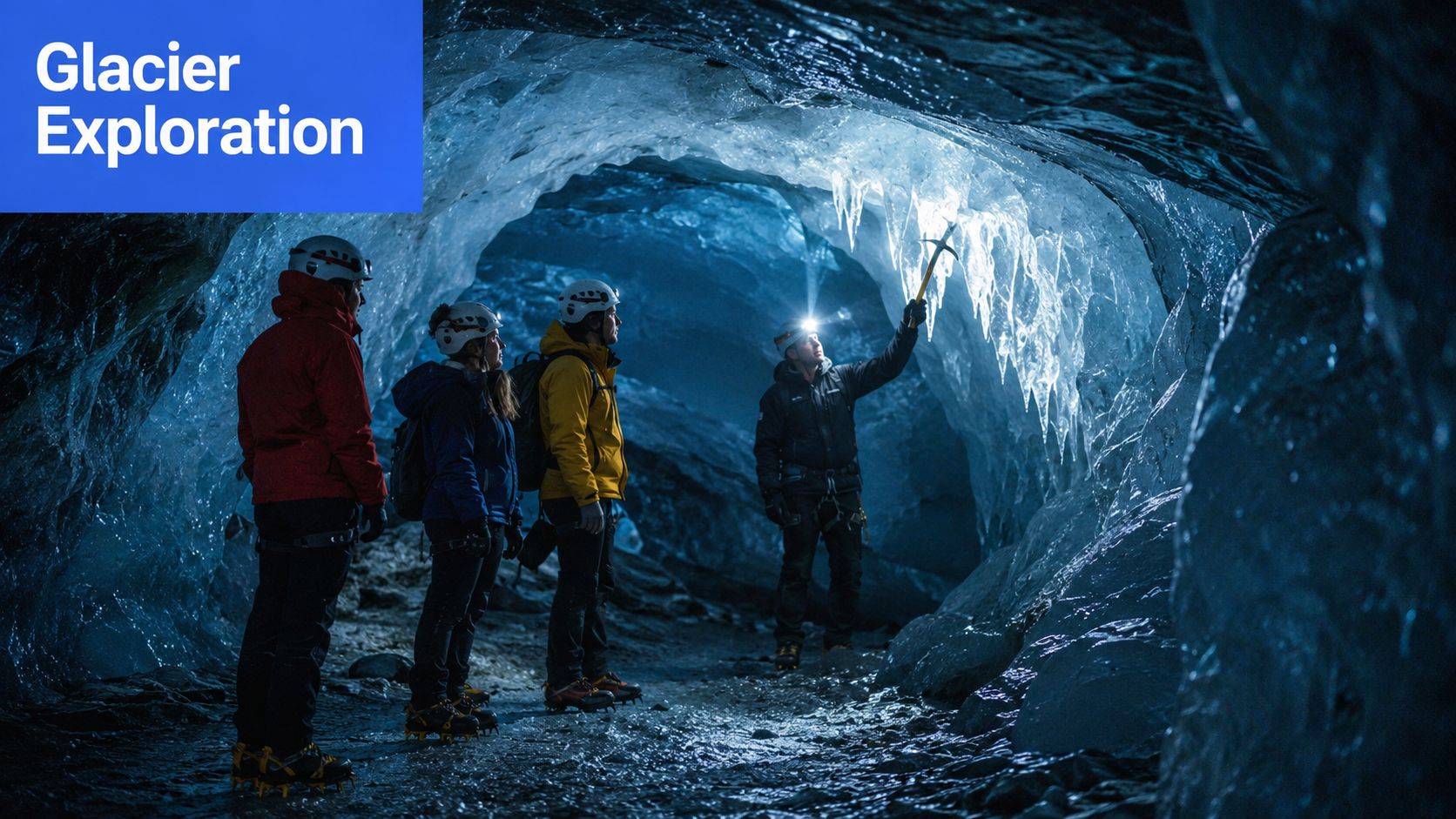 A group of explorers wearing helmets and headlamps touring a bright blue ice cave inside a glacier.