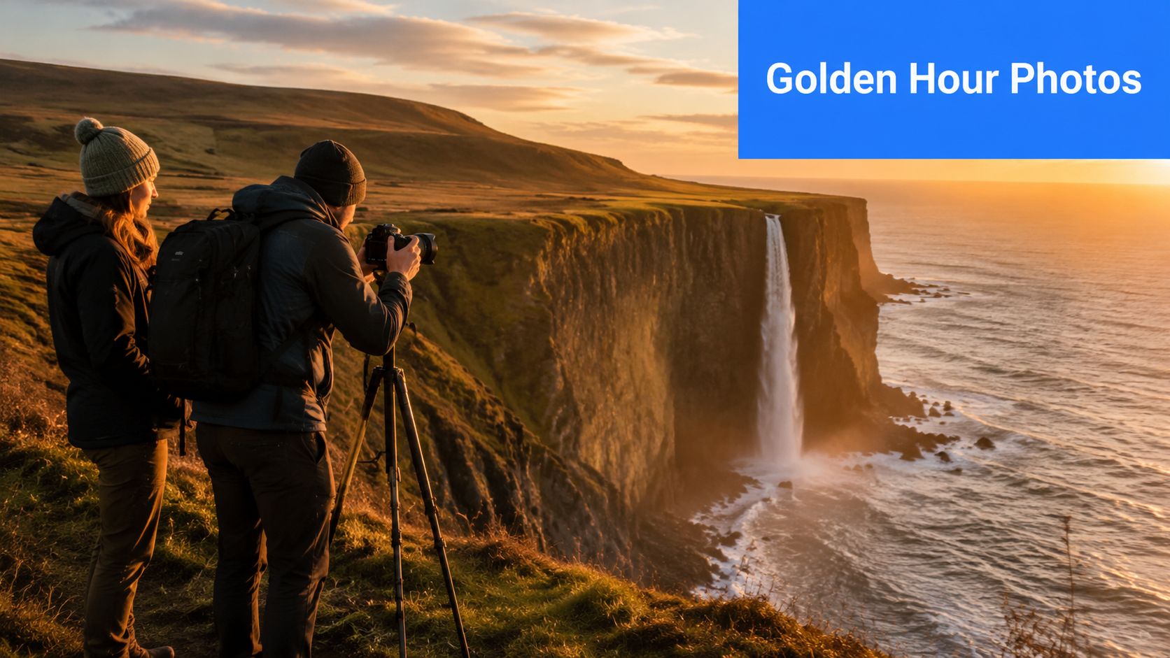 A man and woman taking photos of a scenic waterfall cliff at sunset in Iceland.