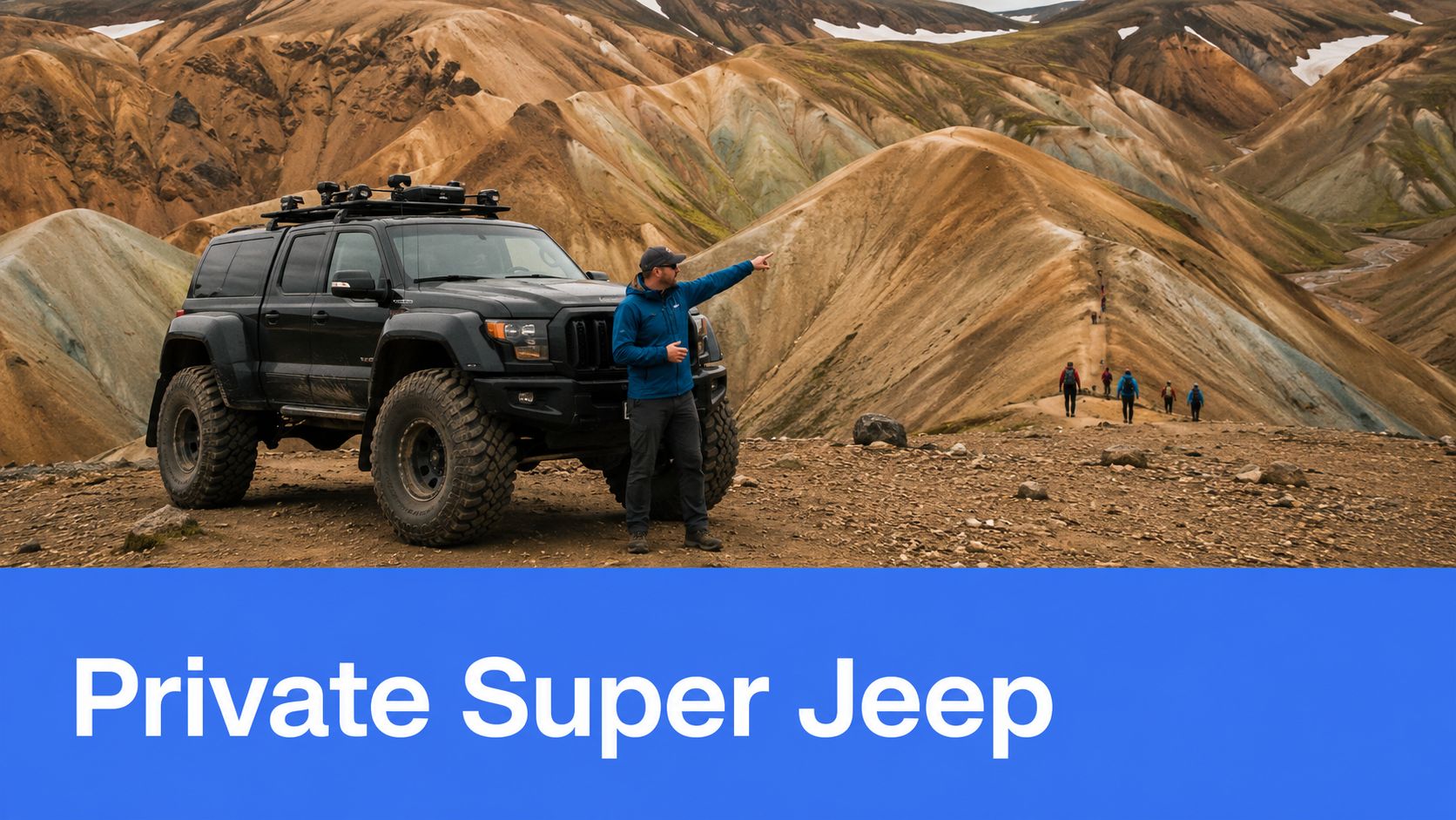 A guide points towards mountain hiking trails next to a large black modified super jeep in Iceland.
