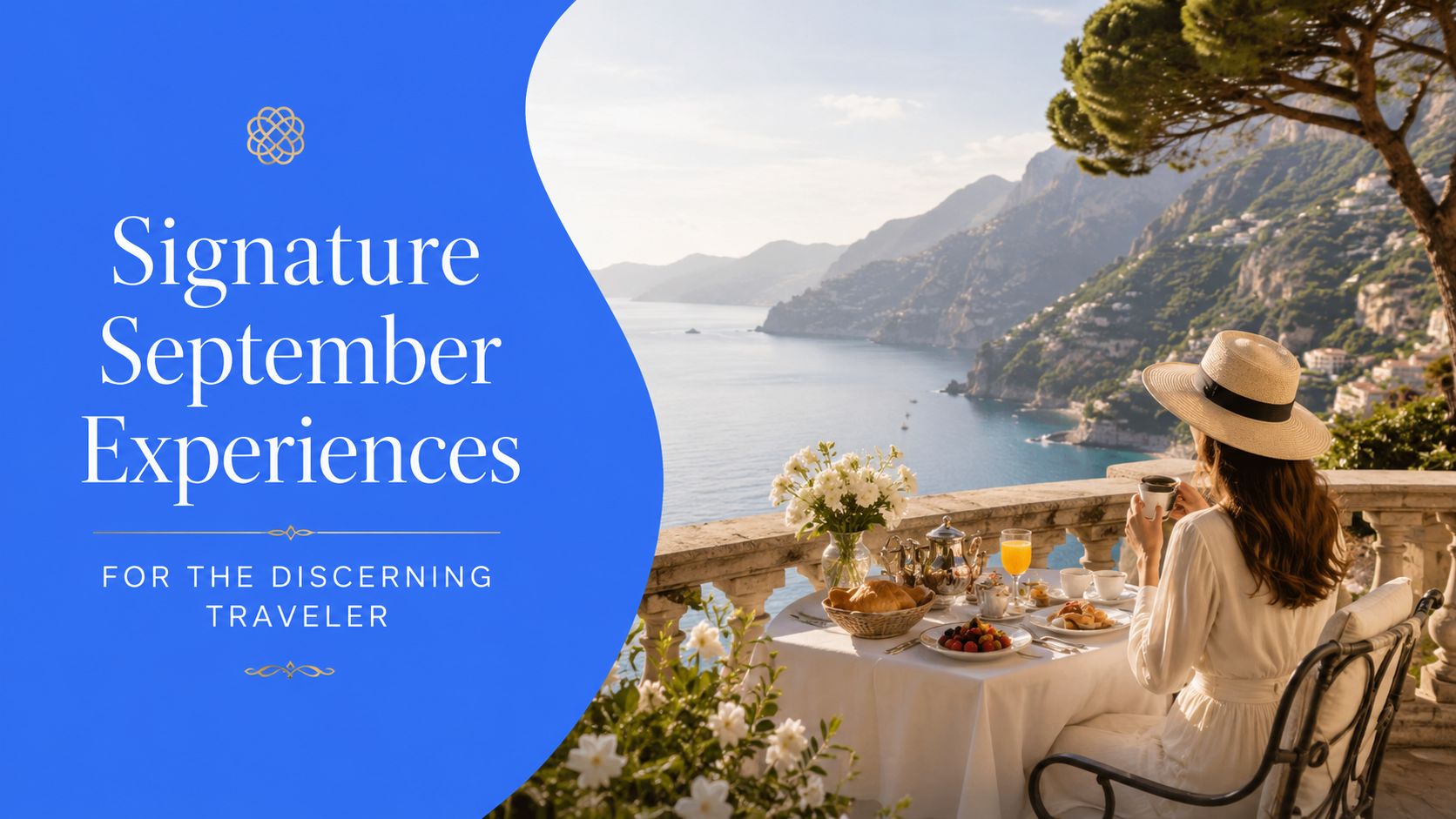 A woman in a sun hat enjoying breakfast on a balcony overlooking the scenic Italian coastline.