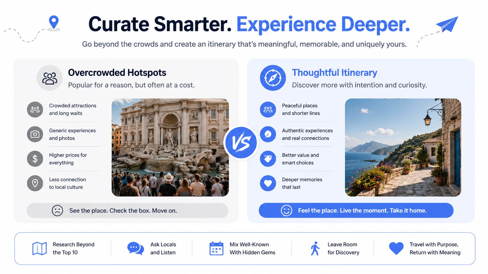 A comparison infographic showing the difference between overcrowded tourist hotspots and a thoughtful, authentic travel itinerary.