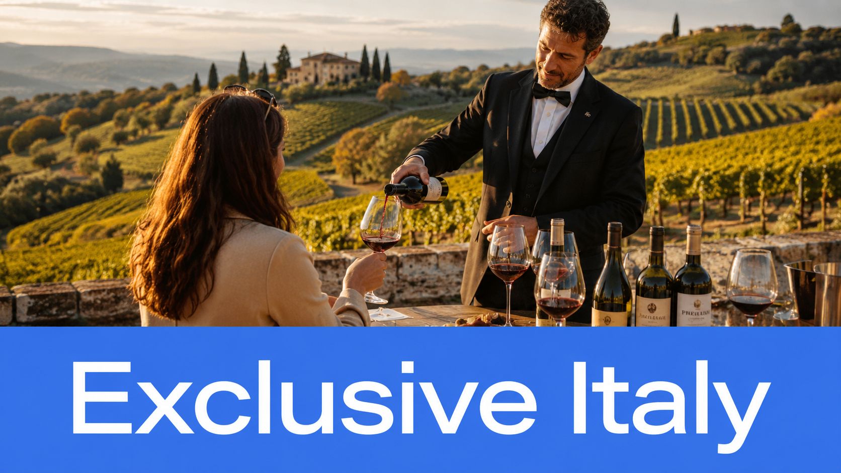 A waiter pours red wine for a woman at a luxury vineyard estate in scenic Italy.