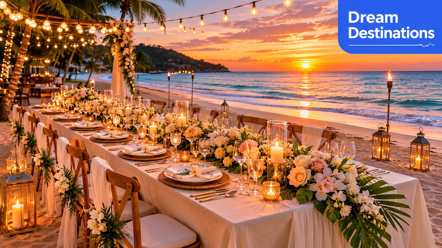 A long dining table set for a wedding dinner on a sandy beach during a sunset.