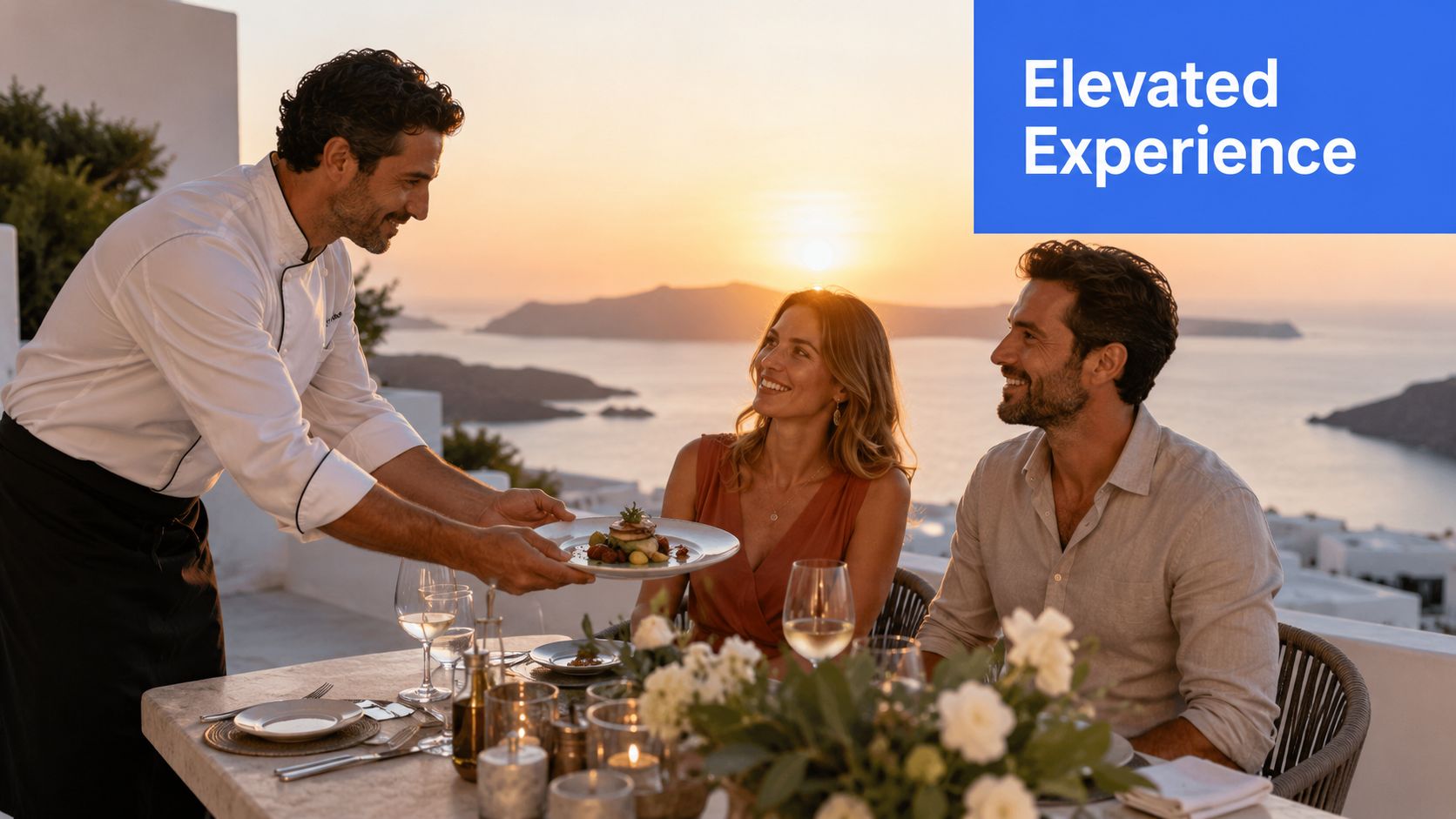 A professional chef serves an elegant gourmet dinner to a couple during a stunning sunset in Greece.