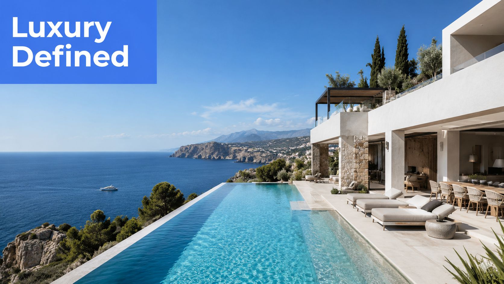 A luxurious cliffside villa in Greece featuring a stunning infinity pool overlooking the blue Mediterranean sea.