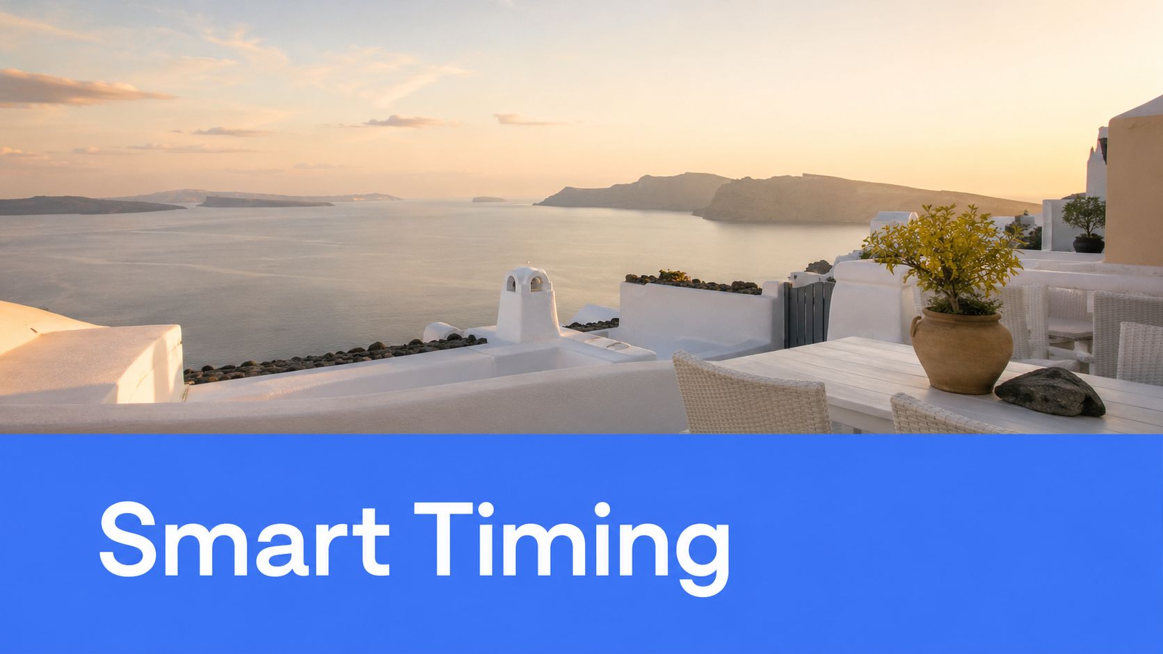 A serene terrace overlooking the Aegean Sea in Santorini with white architecture at sunset